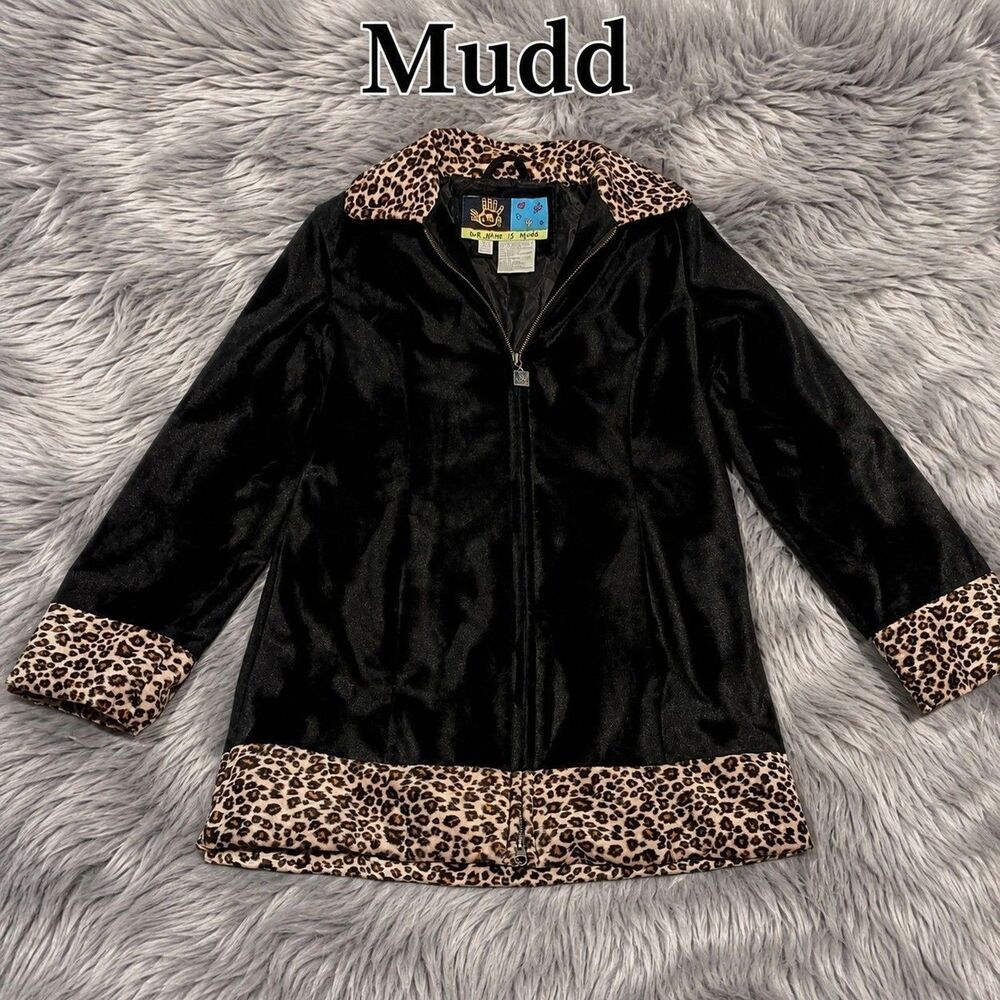 Mudd Black Velvet Jacket with Leopard Print Trim Women's Zip Front Coat Small S